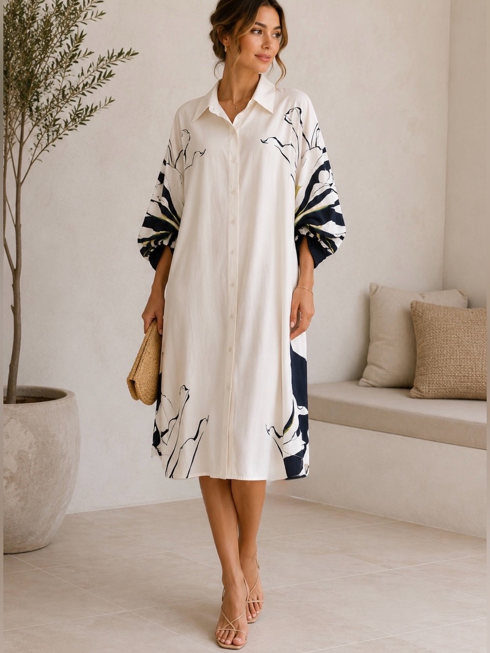 Gracia White Button-Front Dress with Black and Olive Print
